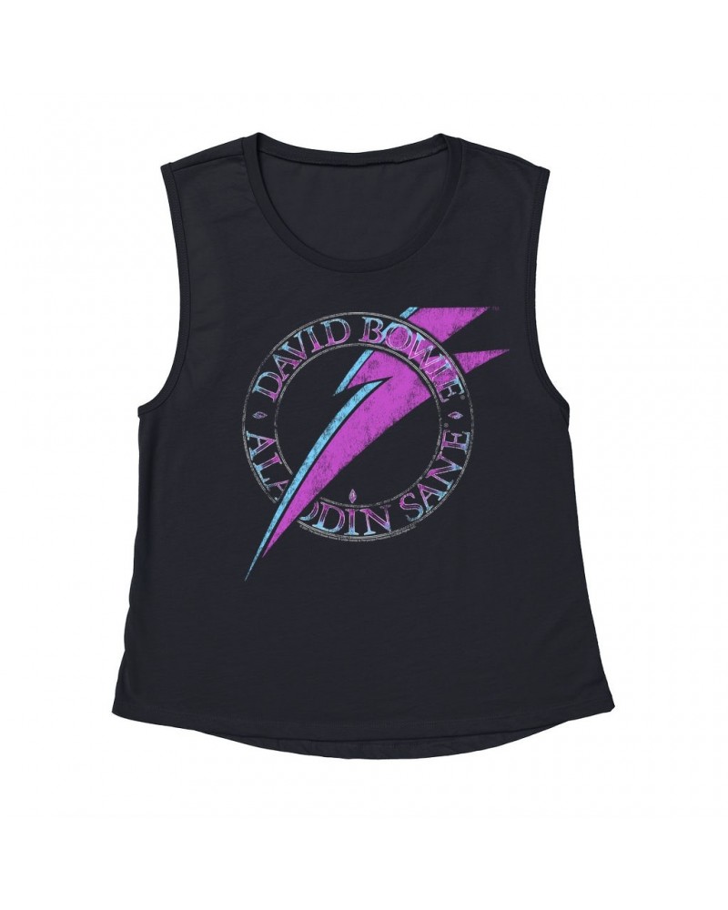 David Bowie Ladies' Muscle Tank Top | Aladdin Sane Logo Distressed Shirt $12.52 Shirts