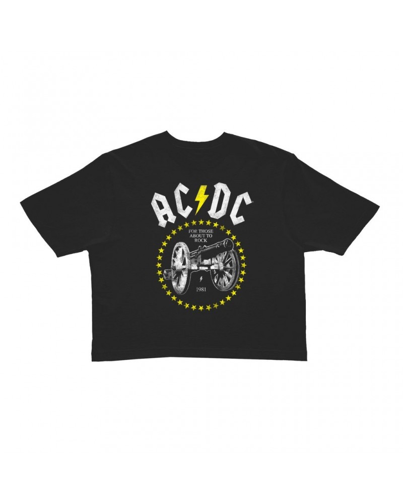 AC/DC Ladies' Crop Tee | 1981 For Those About To Rock Yellow Design Distressed Crop T-shirt $8.35 Shirts